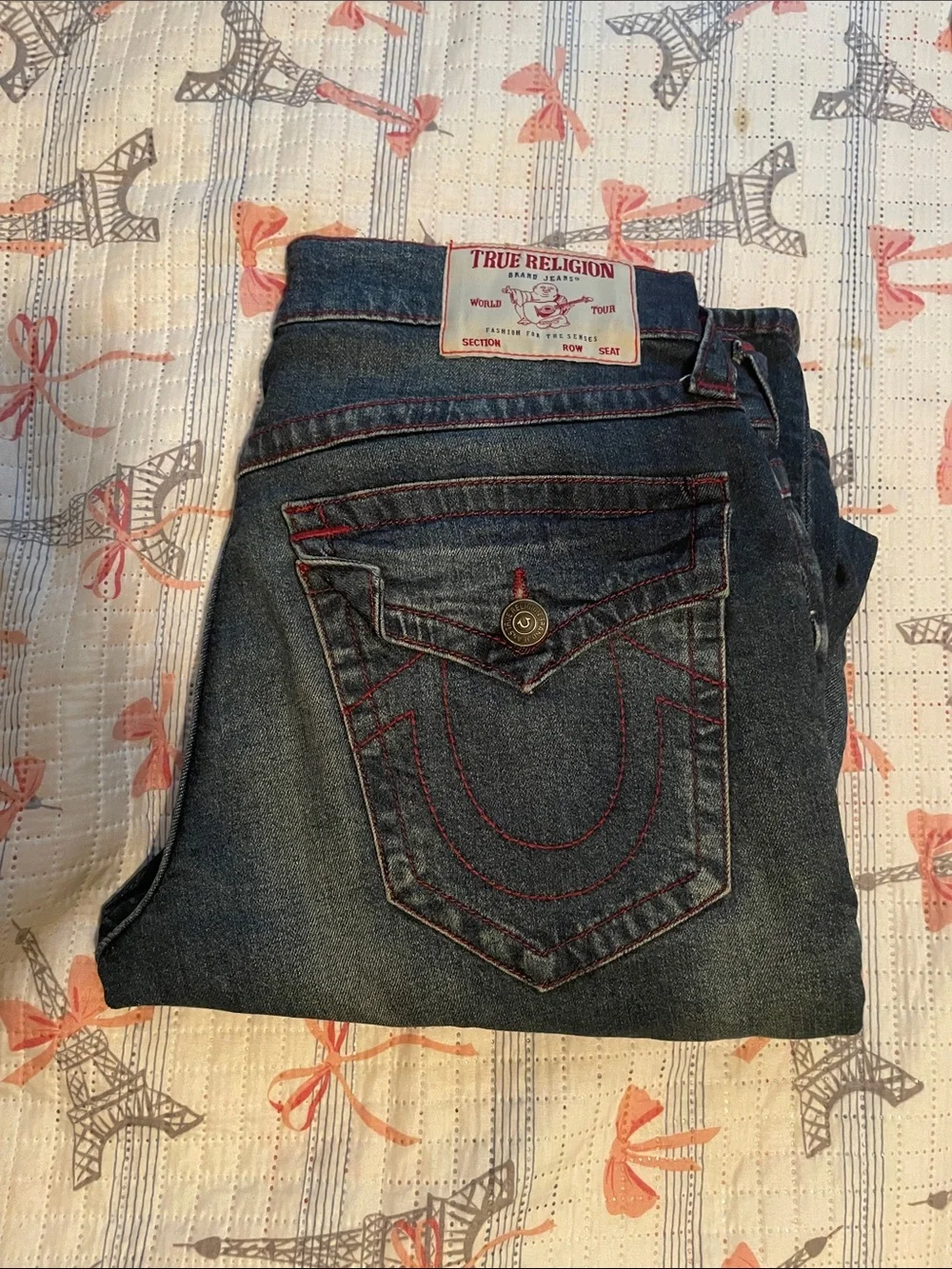 True Religion Blue Denim Jeans with Red Stitching
